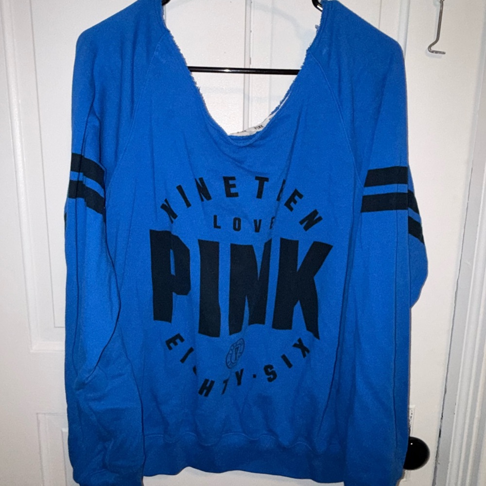 PINK Victoria's Secret Blue Off-the-Shoulder Sweatshirt with Black Logo